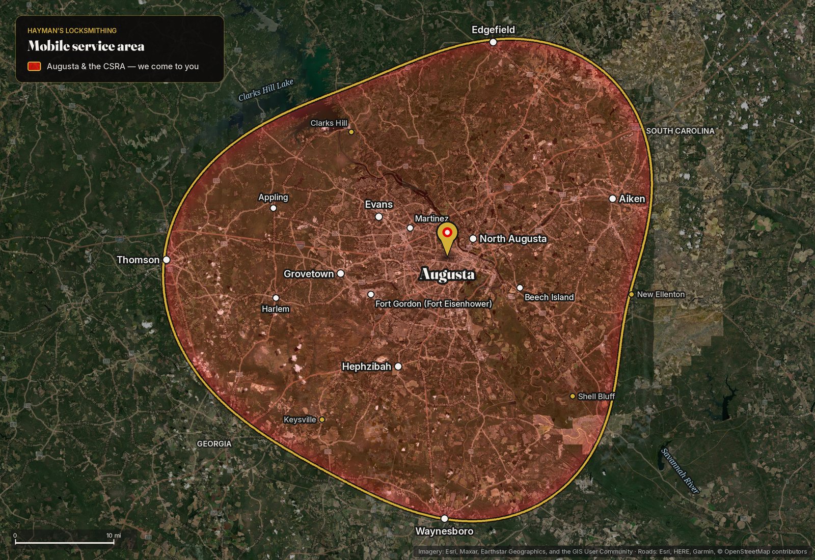 Map of the Hayman’s Locksmithing service area circle around Augusta, GA and the CSRA